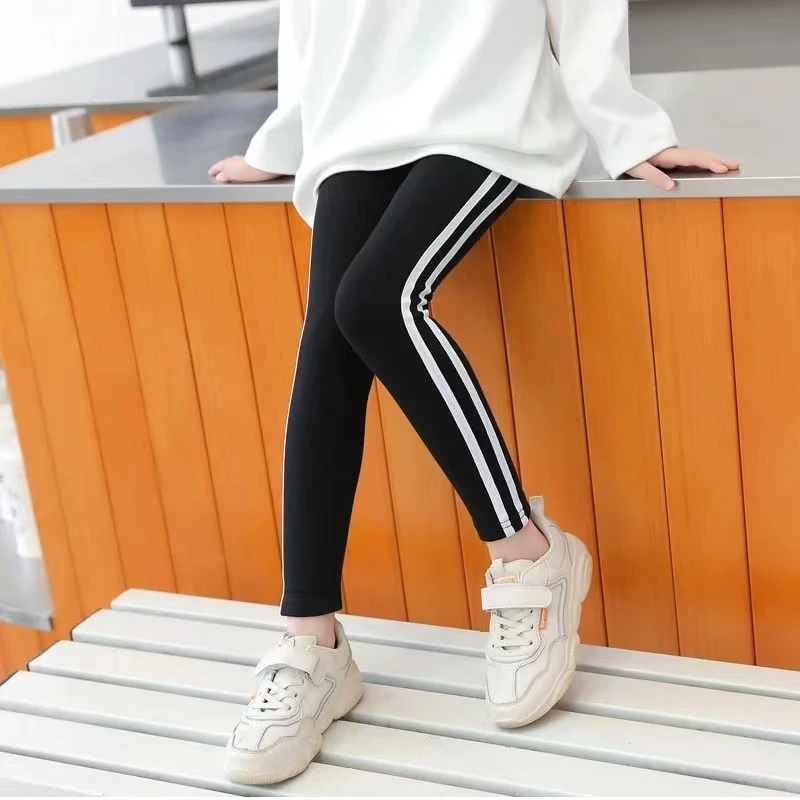 Side Stripe Sports Pant Girl Spring Autumn Pure Color Skinny Leggings for Girls Sweatpants Kids Clothes Outwear Stretch Trousers