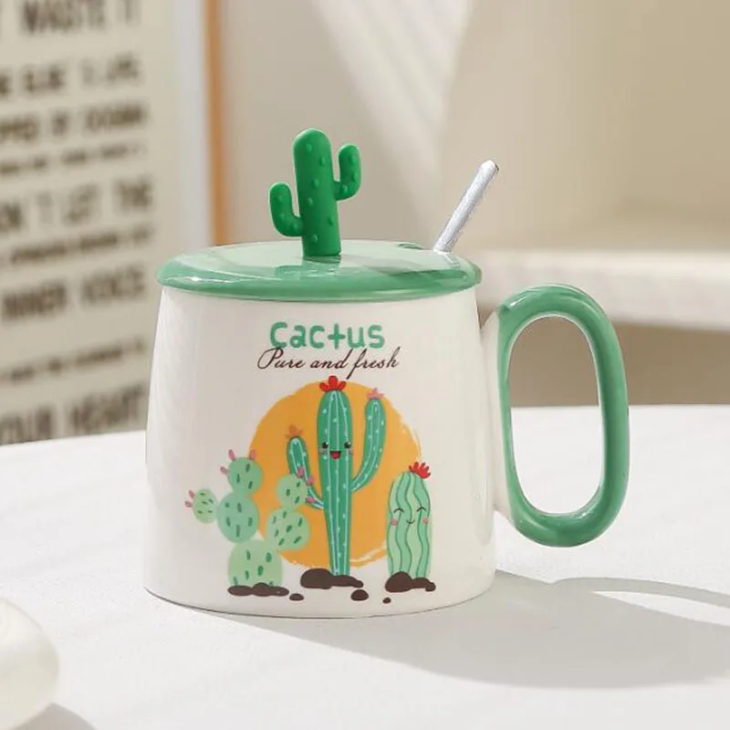 New Creative Cactus Ceramic Coffee Mug Milk Mug with A Spoon Office Water Handgrip Cup Kitchen Drinkware 380ml