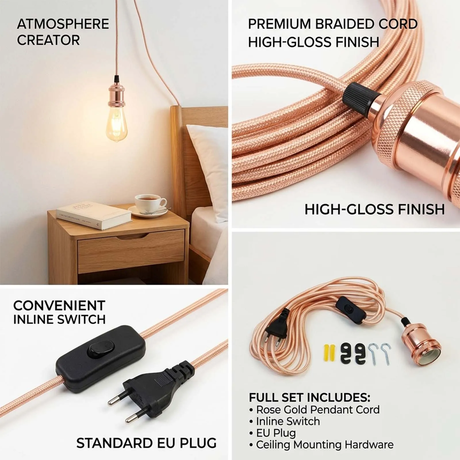 Decorative Pendant Lamp Cord, Rose Gold Braided Wire, E27 Socket, EU Plug, Modern