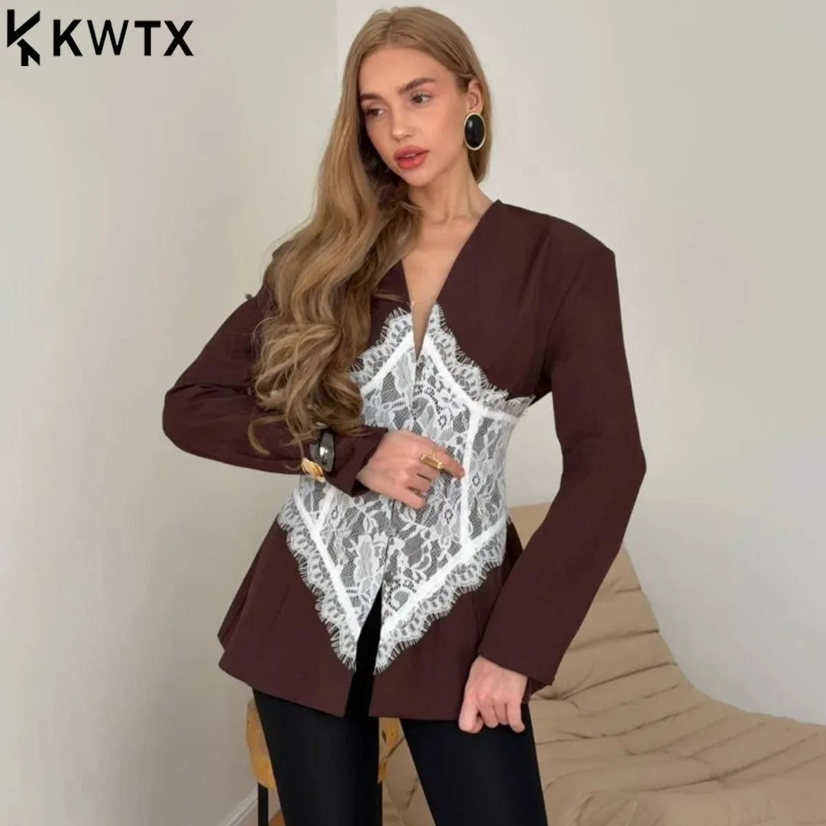 

KWTX Весенний блейзер: Новинка! Ретро-жакет с кружевными вставками, V-образным вырезом и поясом. Элегантный повседневный офисный стиль. Женский шикарный приталенный пиджак премиум-класса.