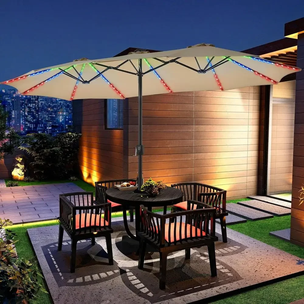 15ft Large Double-Sided LED Patio Umbrella with Crank and Base for Outdoor Market, Garden, Yard, Pool, Lawn