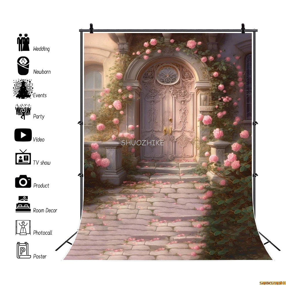 ดอกไม้ Windows ฉากหลังปราสาท Retro เด็กผู้ใหญ่ Photocall ภาพวาดสีน้ํามันฤดูใบไม้ผลิสวนดอกไม้พื้นหลังการถ่ายภาพ Props