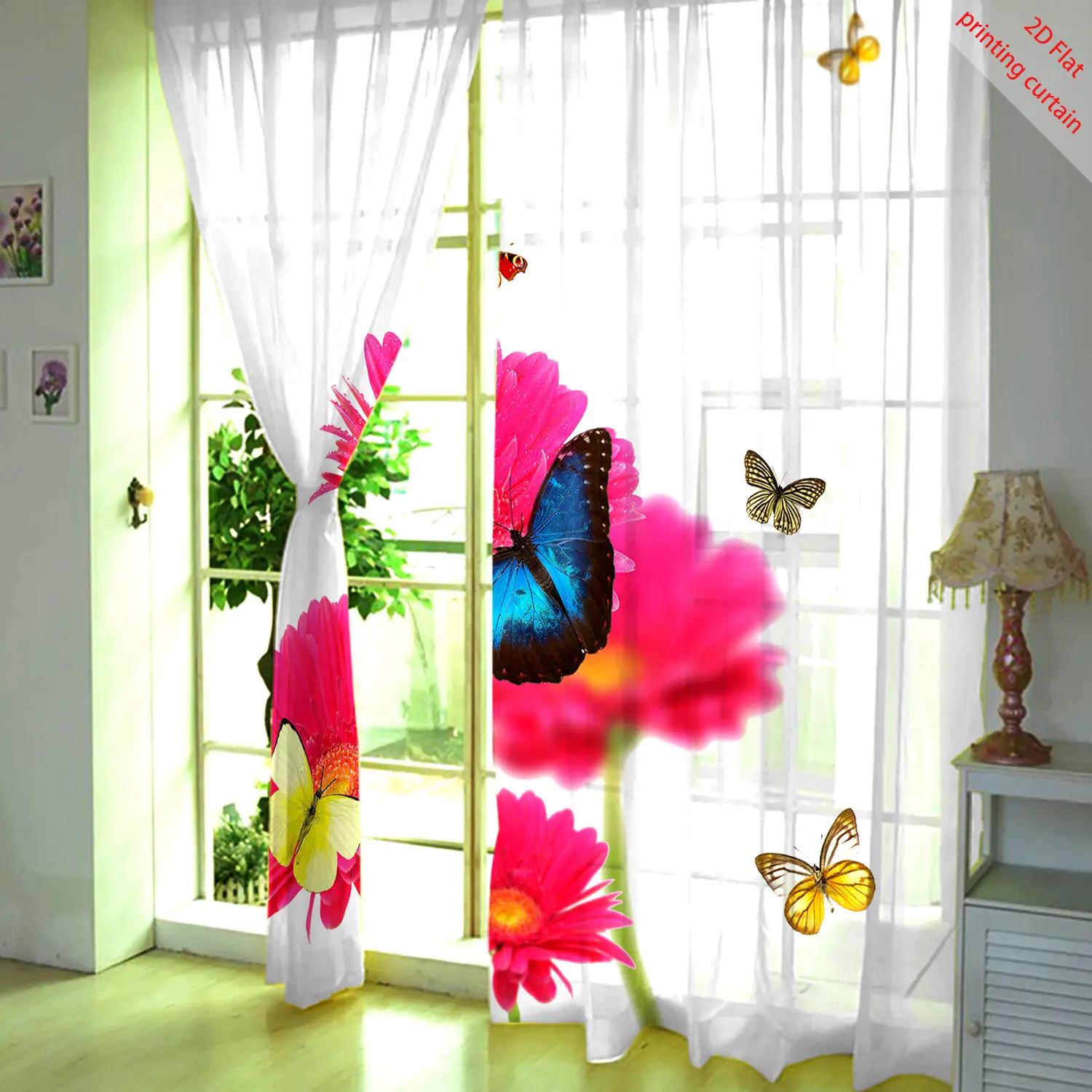 Floral butterfly printed transparent gauze curtain, used for office, home, living room, balcony windows, aesthetic decoration