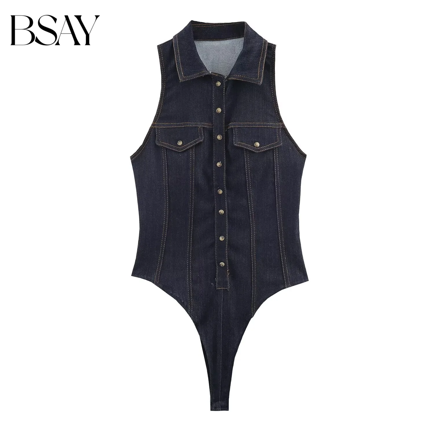 

BSAY Denim Slim Jumpsuit for Women Fashion Autumn Winter New Sleeveless Lapel Single Breasted Chic Female Bustier Tops Mujer