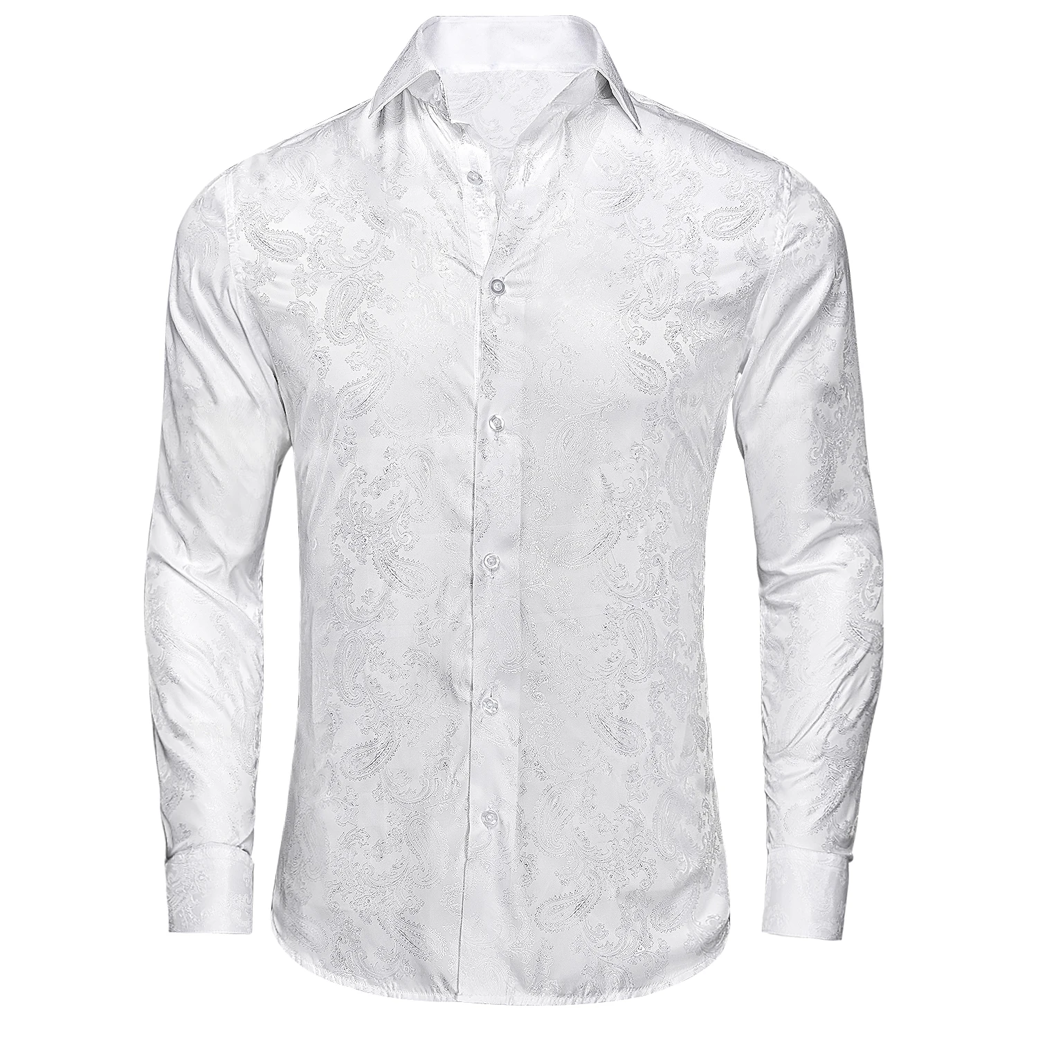 Hi-Tie Comfortable Silk Jacquard Mens Shirts Black White Gold Breathable Long Sleeve Slim Fit Shirt For Men Wedding Office Gift