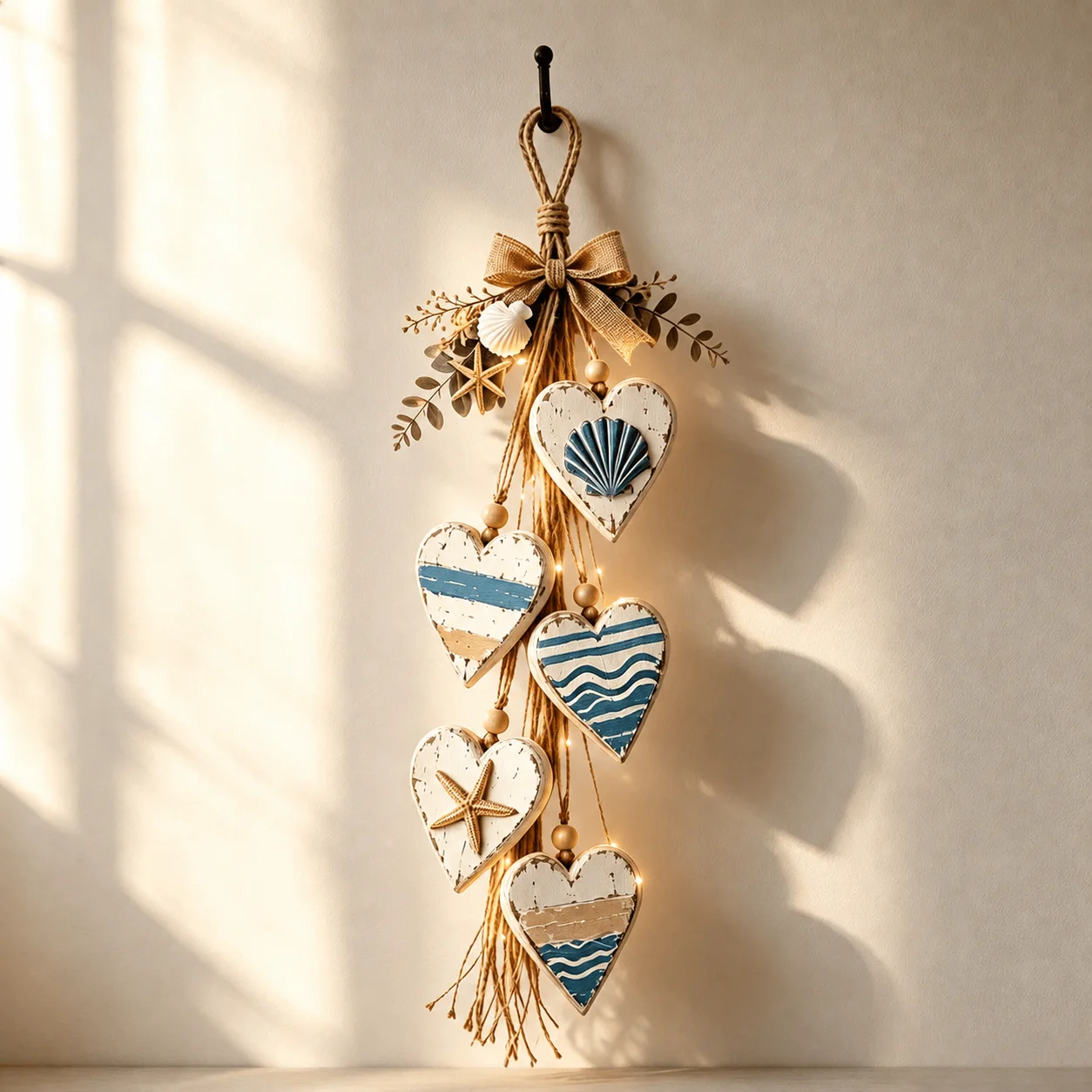 Rustic Wooden Heart Garland Burlap Bow Wall Hanging Decor Farmhouse Cottage Door Swag Natural Porch Home Craft