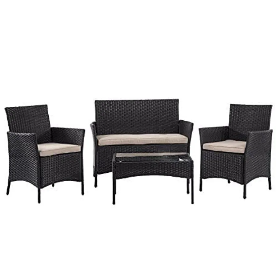 Outdoor patio furniture set: rattan wicker chairs and sofa in beige, includes coffee table, weather-resistant for backyard, law