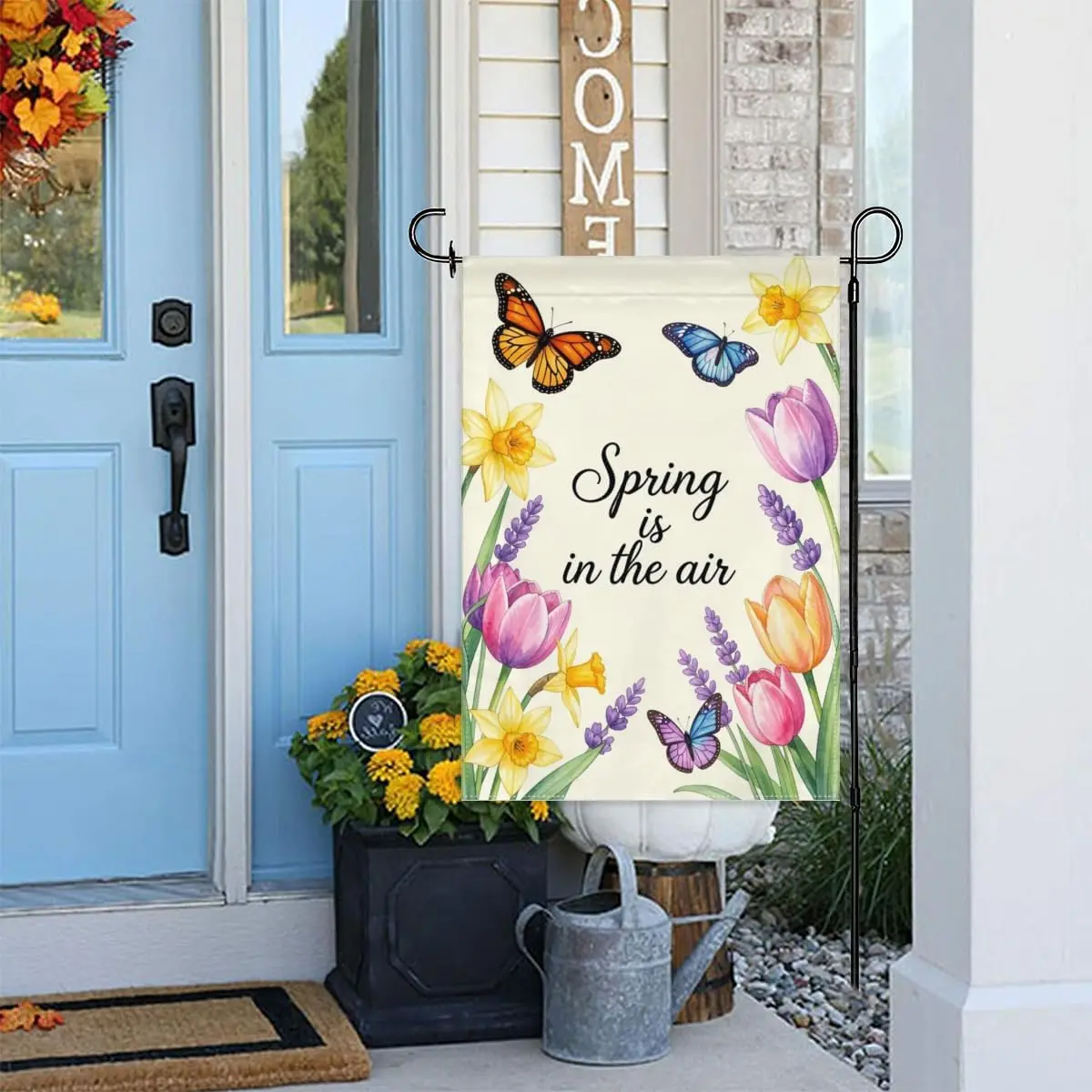 Spring is in the Air Garden Flag 12x18 Inch Double Sided – Butterflies Tulips Daffodils Lavender Floral Spring Welcome Yard  kkz