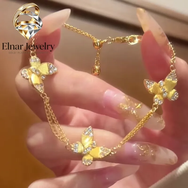 

Elnar Jewelry Luxury 24K 9999 Pure Gold real gold Women's Brushed Three Butterfly Bracelet