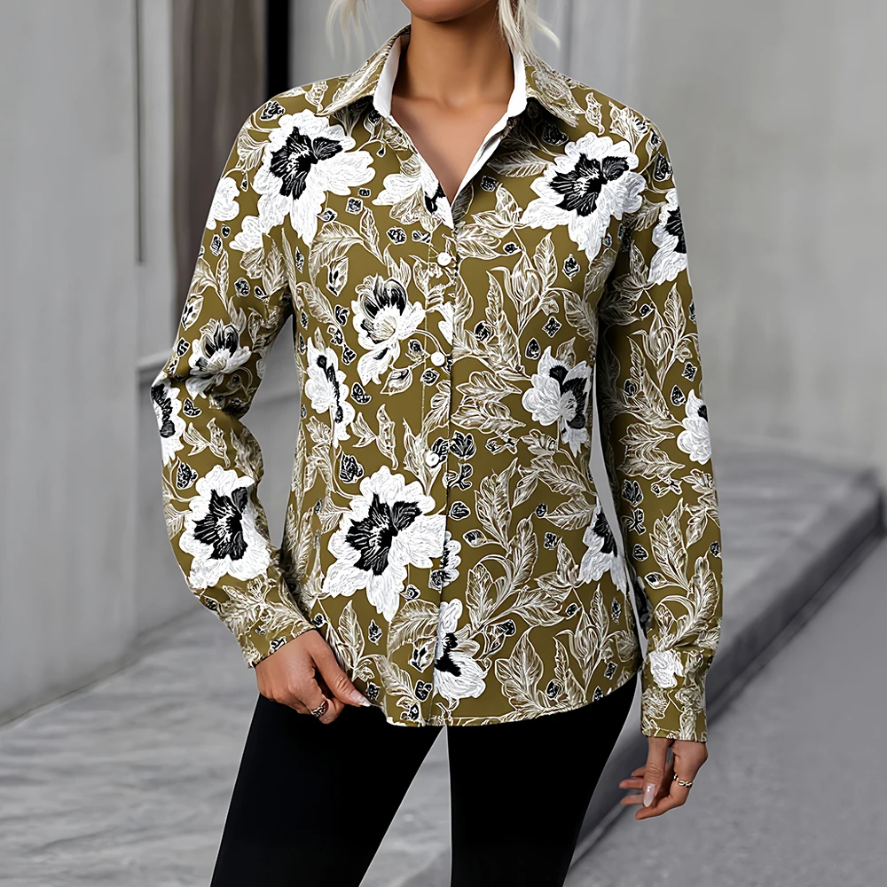 

Mia Muse Select Autumn Shirts 2025 Women's Comfortable Flower Print Long Sleeve Shirt Collar Fitting Slim Vacation Shirts