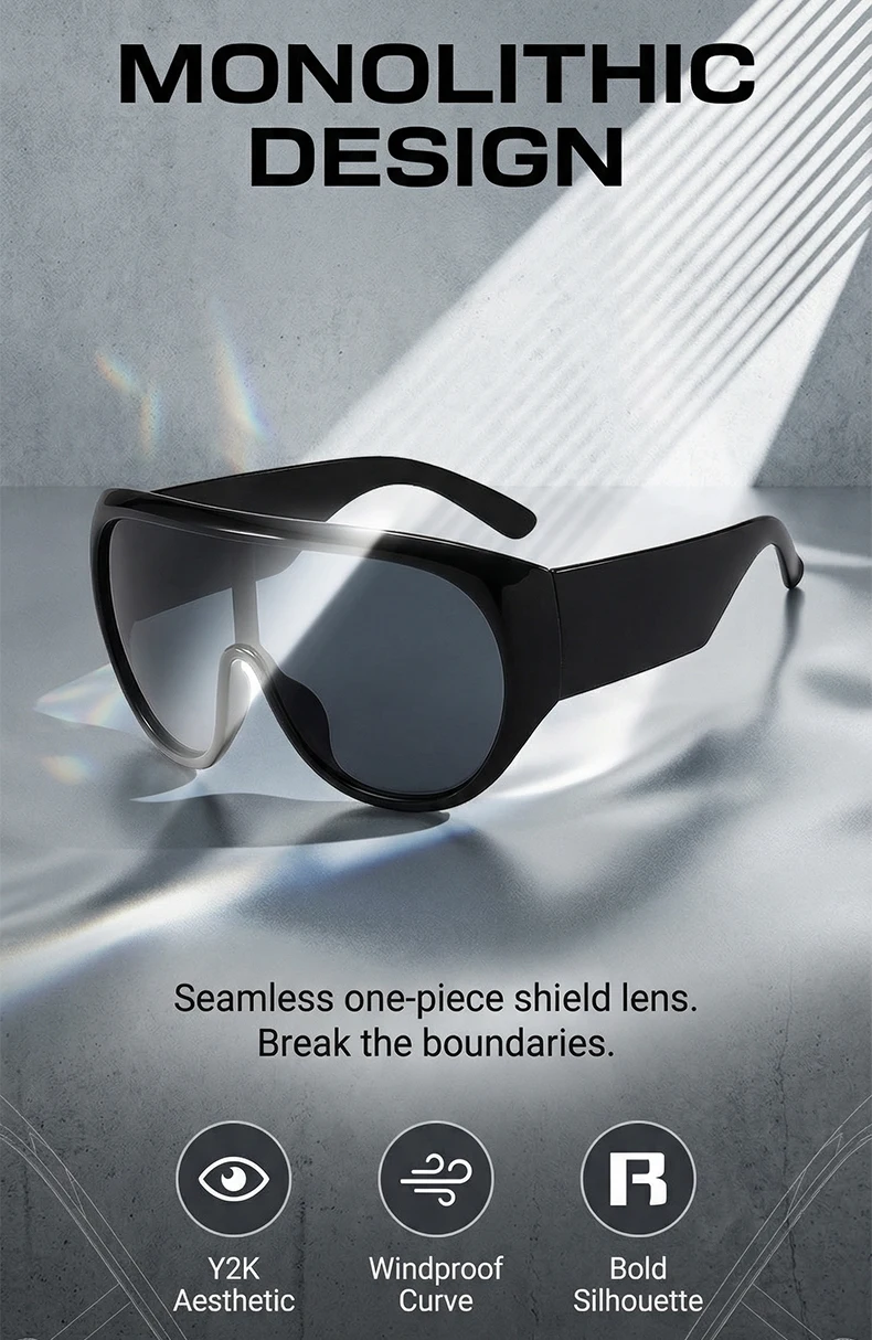 Y2K Übergroße Schutzbrille für Damen, Futuristisches Visier, Einteilige Steampunk-Brille mit Großem Rahmen, Punk-Sonnenbrille, Winddichte Eyewear – Detail 3