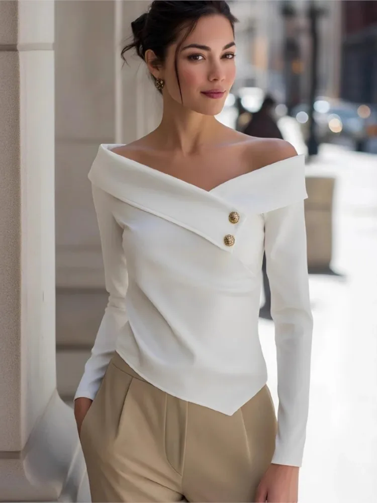 Female Elegant Foreign Style One-line Collar Top Fashion Button Design Spring Summer Temperament Versatile Shirt Ladies Blouses