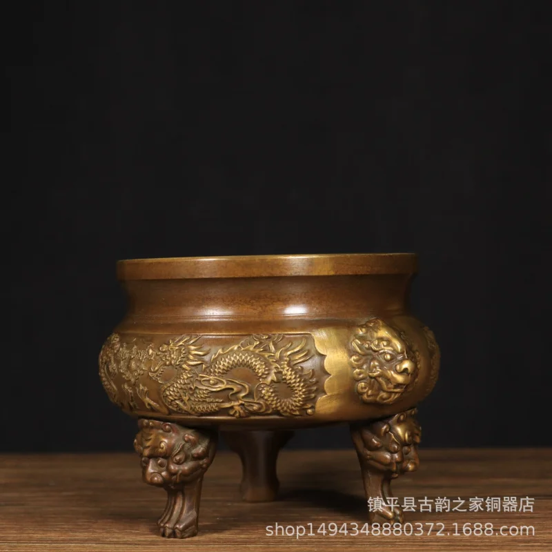 Incense Burner Pure Copper Household Playing with Pearls Ancestral Hall Extra Large Temple Double Dragon Tr