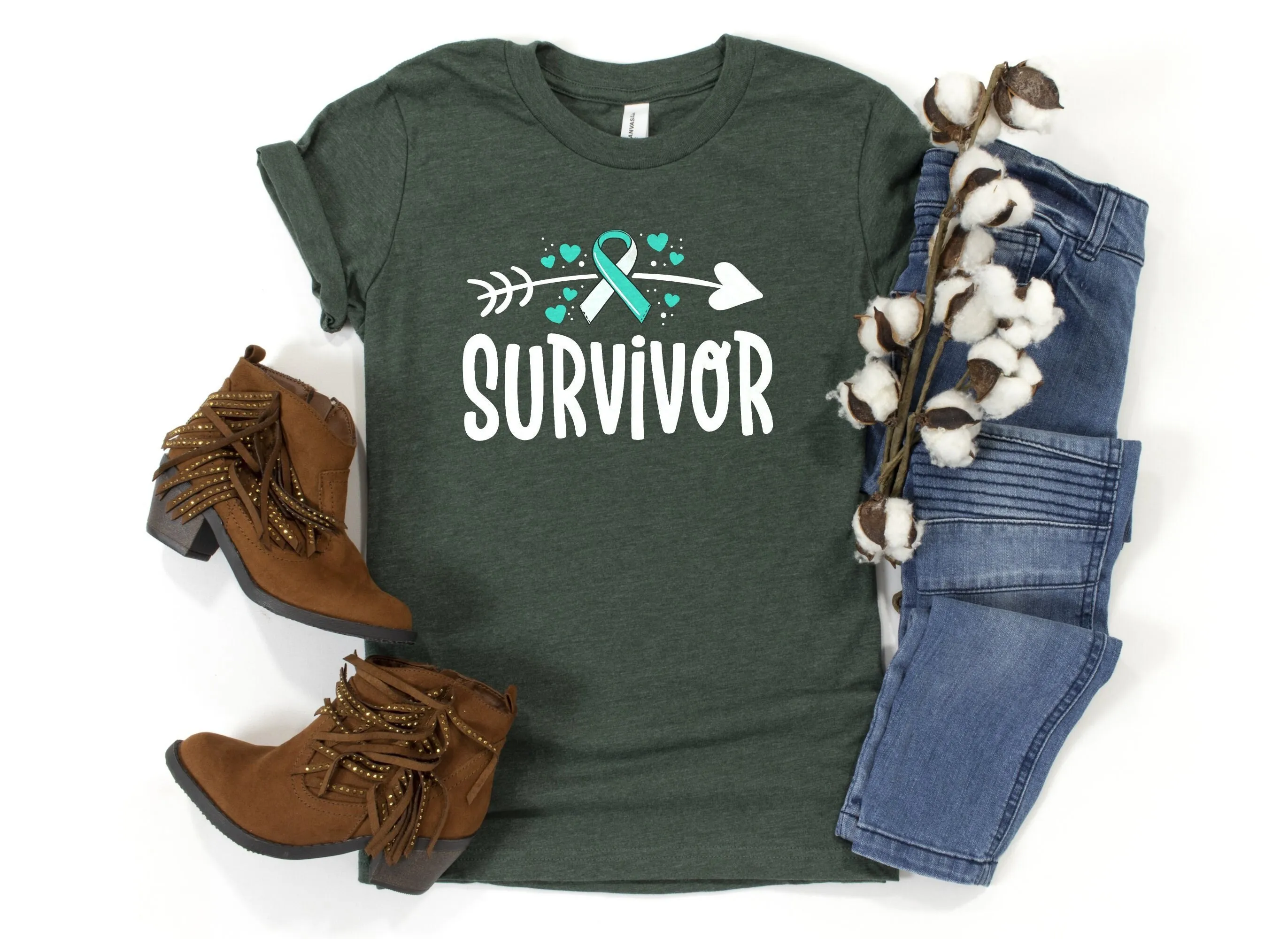 

Cervical Cancer Survivor T Shirt Teal White Ribbon Chemotherapy SupporT Awareness