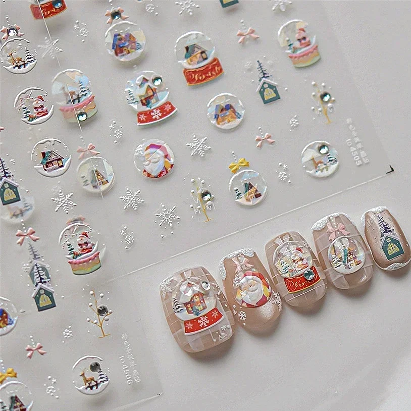 Chic Winter White Crystal Ball Snowball Bowknot Snowflake House Snowman Christmas Tree Santa Nail Art Stickers Manicure Decals