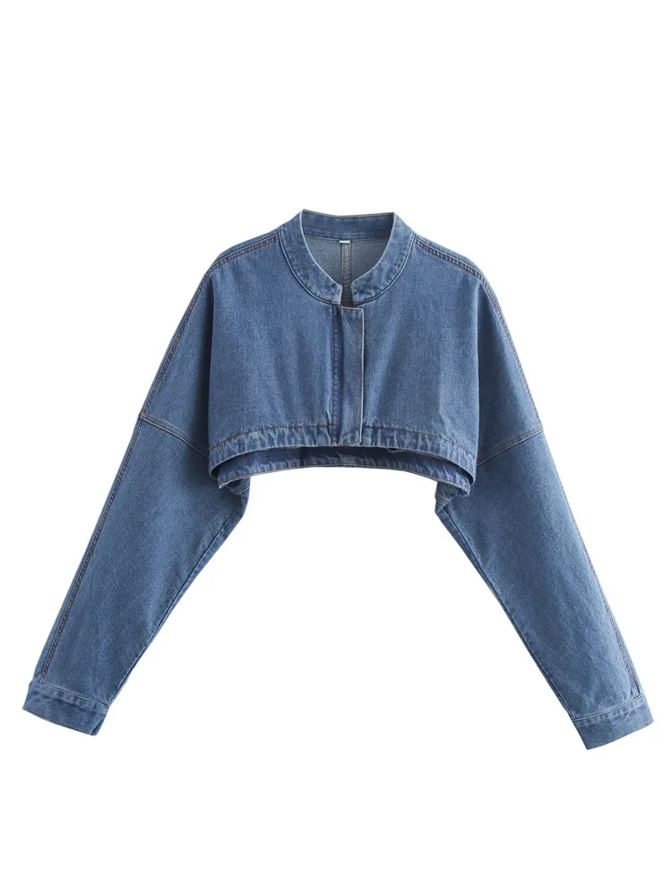 

KAOPU ZA Women cropped denim jacket vintage o-neck zipper-up long sleeve female blouses blusas chic tops