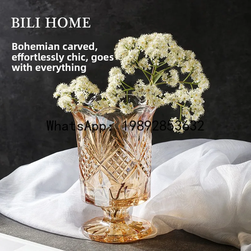 YFY Light Luxury Crystal Glass Vase Transparent Living Room High-end Sense Flower Arrangement Rose Lily Fresh Flowers