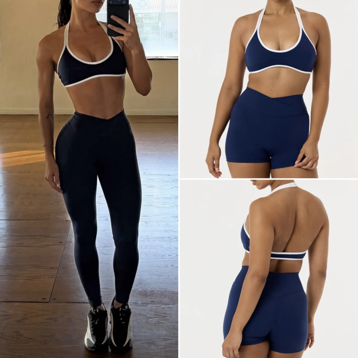 2 piece yoga set Contrast White Piping Halter Sports Bra Cross Waist High Rise Leggings Shorts Fitness Training women gym outfit
