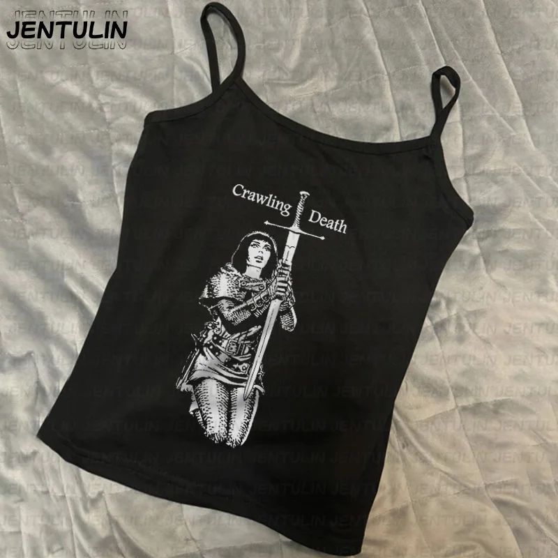 

Y2k Майки Винтаж Эмо Девушки Панк Графический принт Укороченный топ Harajuku Эстетический жилет в стиле гранж Уличная одежда Повседневная футболка без рукавов