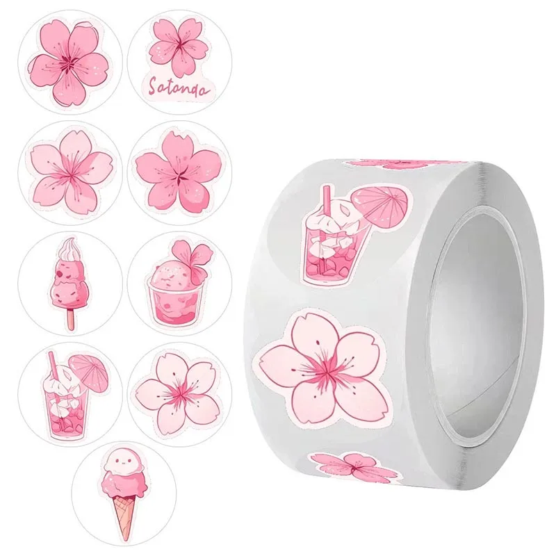 

100-500Pcs Pink Flower Ice Cream Stickers Roll Gift For Kids Teens Reward Encourage Sticker For Thank You Baking Labels Sticker
