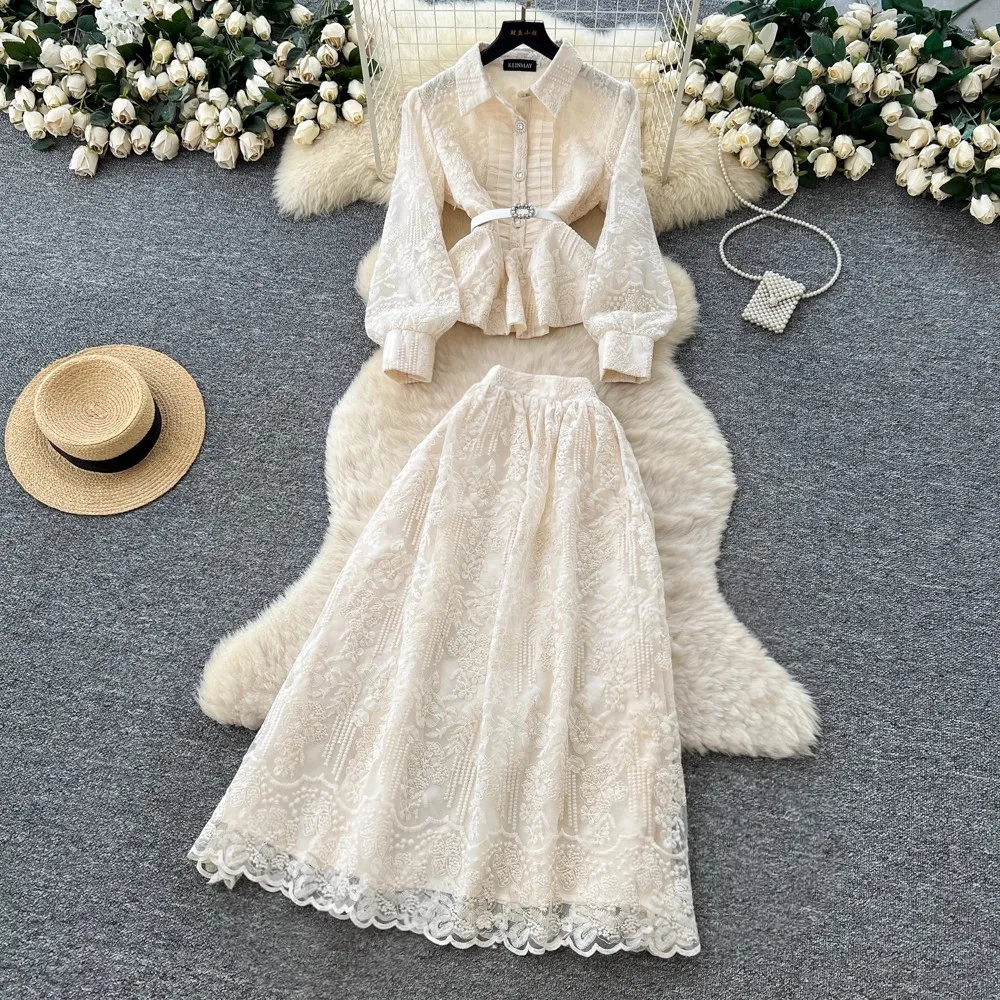 

Autumn Hollow Out Crochet Lace Embroidery 2 Piece Sets Women Long Sleeve Shirts + A Line Elastic Waist Long Skirt Female Outfit