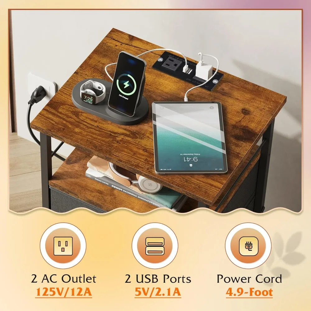 Laadstation nachtkastje set van 2, slaapkamerbijzettafels met stoffen lades, moderne nachtkastjes voor nachtkastjes