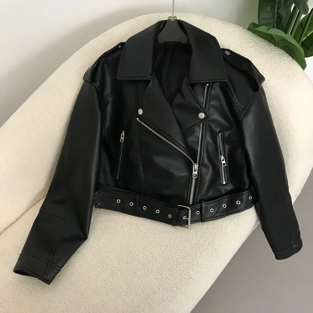 New in Faux Leather Jacket Woman Chic Vintage Spring American street wear Short Lapel Zipper Belt Biker Coats Fashion Streetwear