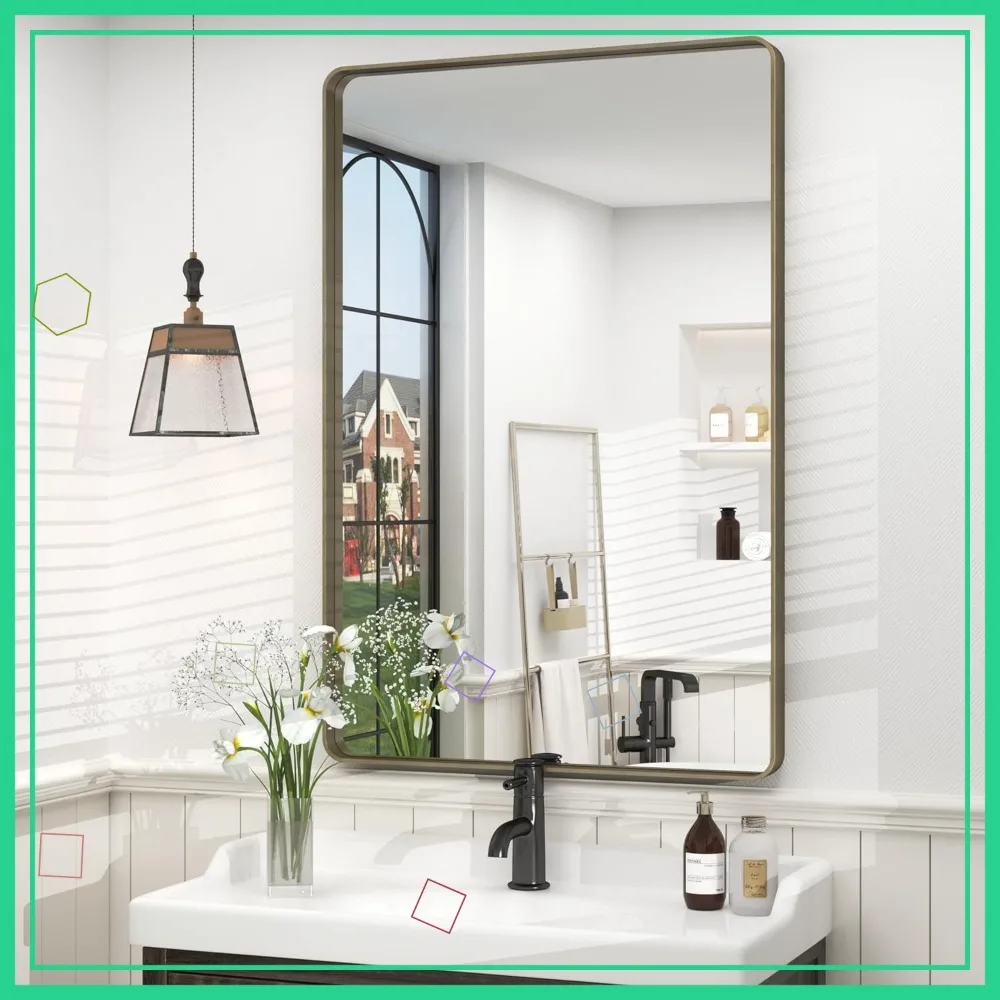 

24x36 Bronze Bathroom Mirror with Brushed Metal Frame, Modern Rounded Corner Design for Wall Mounting (Horizontal/Vertical)