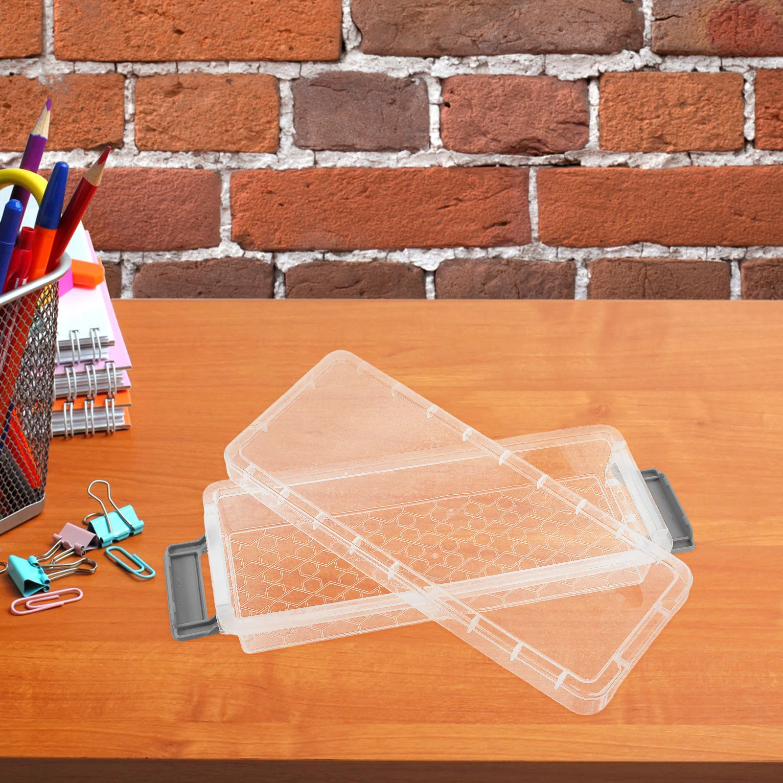 Clear Desktop Storage Box with Lid Transparent Organizer Pencil Stationery Snack Holder Office School Pen Storage