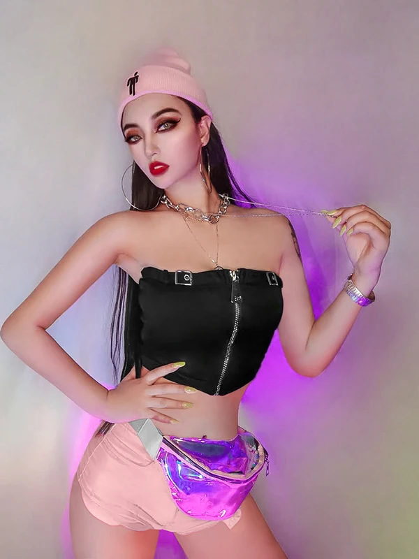 

Sexy Pink Denim Crop Top And Shorts Stage Performance Outfit by Wu Ba for Young Women Trending Autumn 2024 Fashion