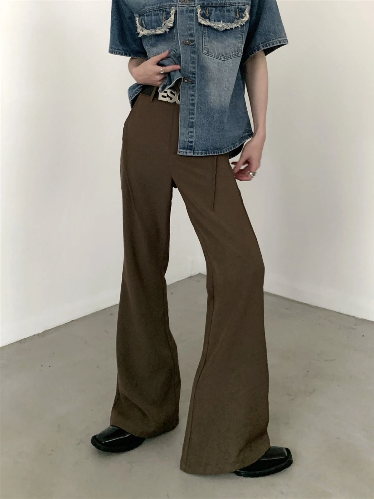 Cleanfit High Waist Bell Bottom Men's Pants Autumn Mountain Wind Drapey Brown High Street Vibe Long Trousers Korean Style