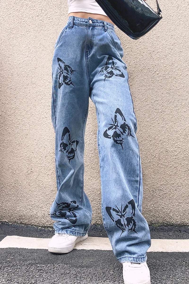 

Fashion Denim Trousers Spring Autumn New High Waist Solid Color Butterfly Print Wide Leg Pants Casual Trendy Women's Clothing