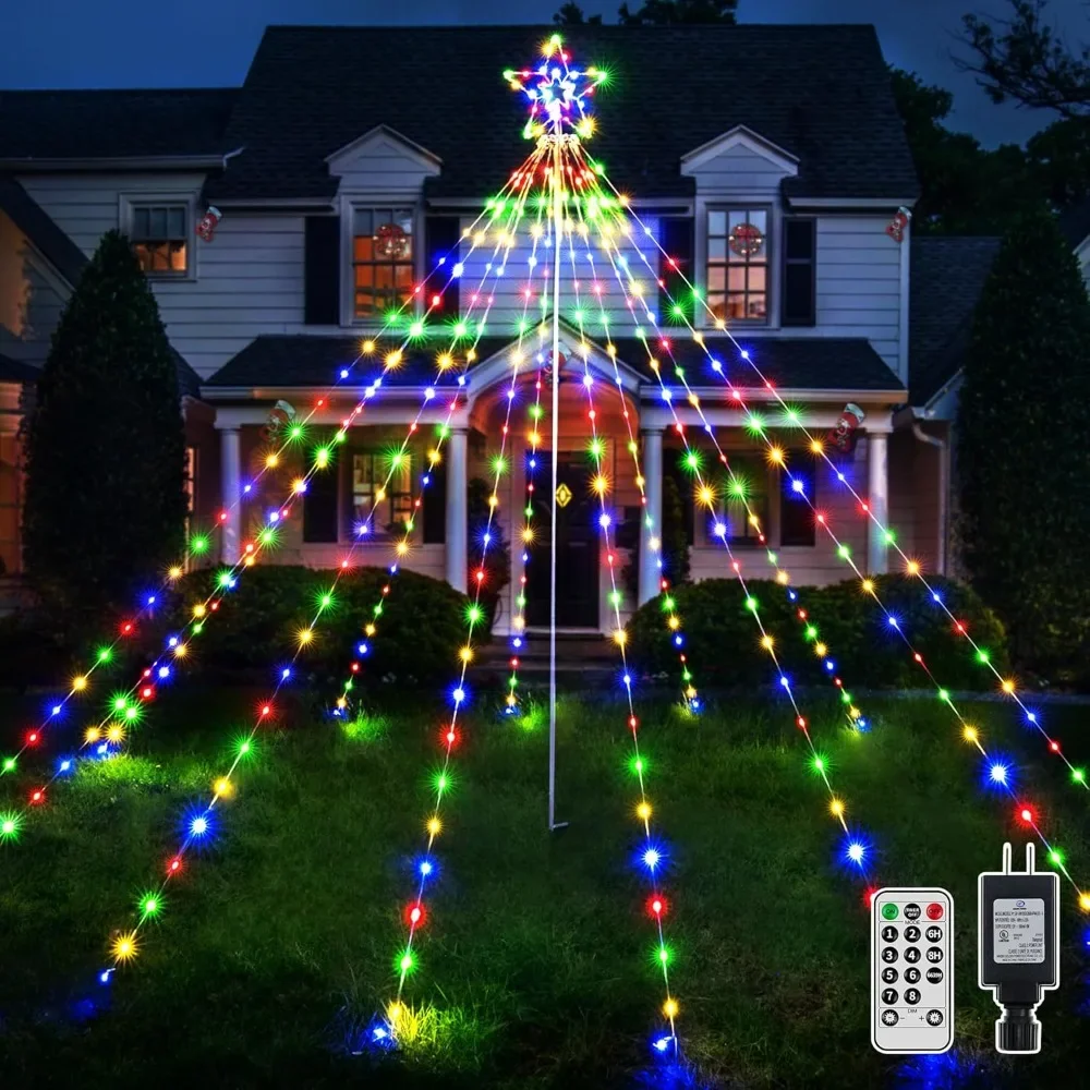 

Christmas Lights Tree 340LED with Topper Star, IP67 Waterproof Remote Control Waterfall Lights with Pole, 8 Modes 3 Timers