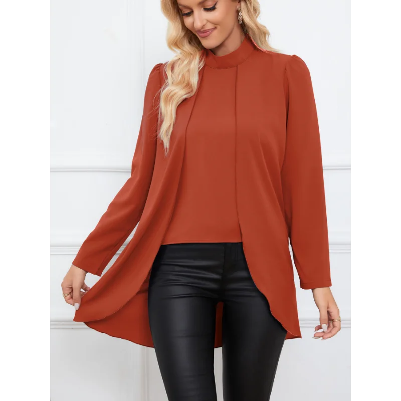 Damska koszula 2w1 z efektem dwóch części, długi rękaw, mały stójka, jednolity kolor, nowość 2025
