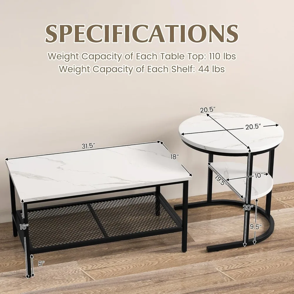 Modern Round Nesting Coffee Table Set with Faux Marble Tops and Storage Shelf, 2-Piece End Table Collection
