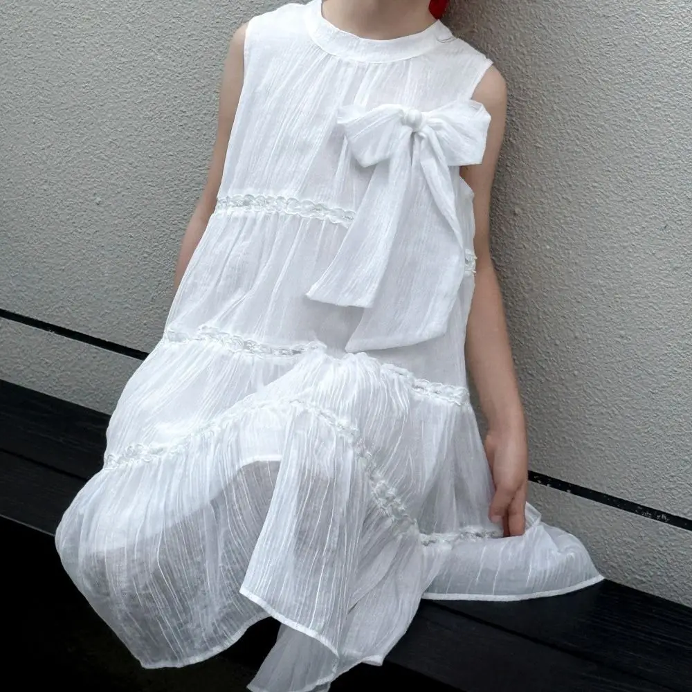 

Fashion Ruffle Girls Princess Dress Large Bow Loose Summer Cake Dress Party Sweet Teens Long Dress Summer