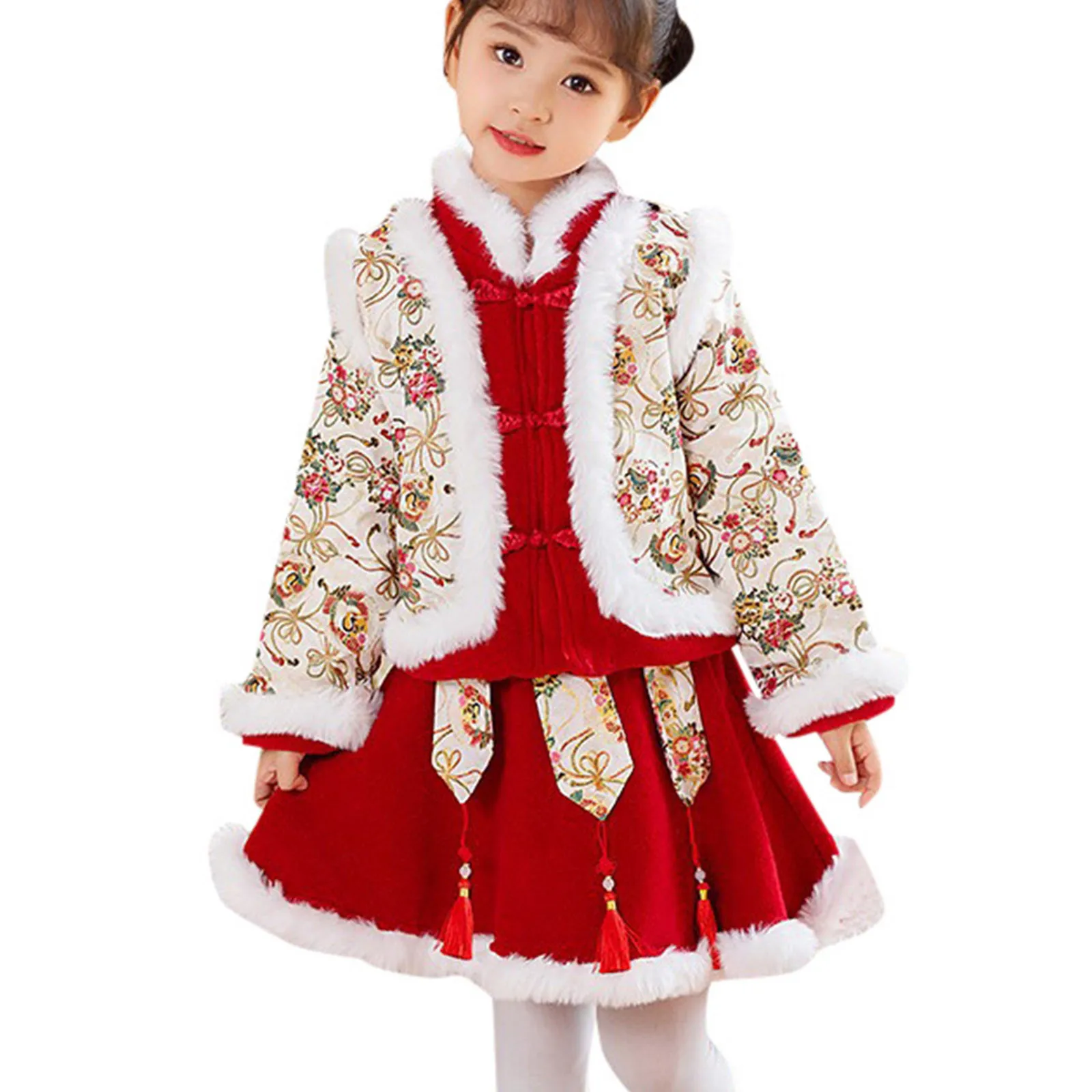 Toddler Baby Dresses For Chinese New Year Fleece Lined Warm Dresses Tang Suit With Bag Performance Costumes Girl Cat Dress