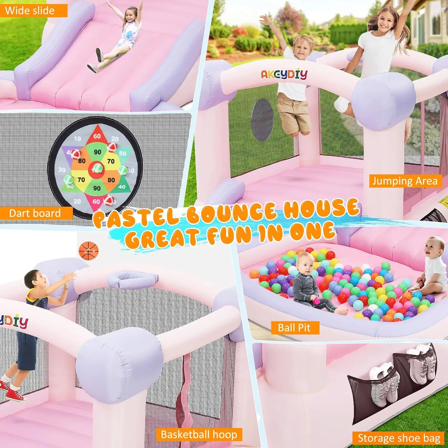 with Ball Pit, Inflatable Bouncy House for Kids All in One Jumping Castle, Wide Slide, Ball Pool, Basketball Hoop, Dart Target,