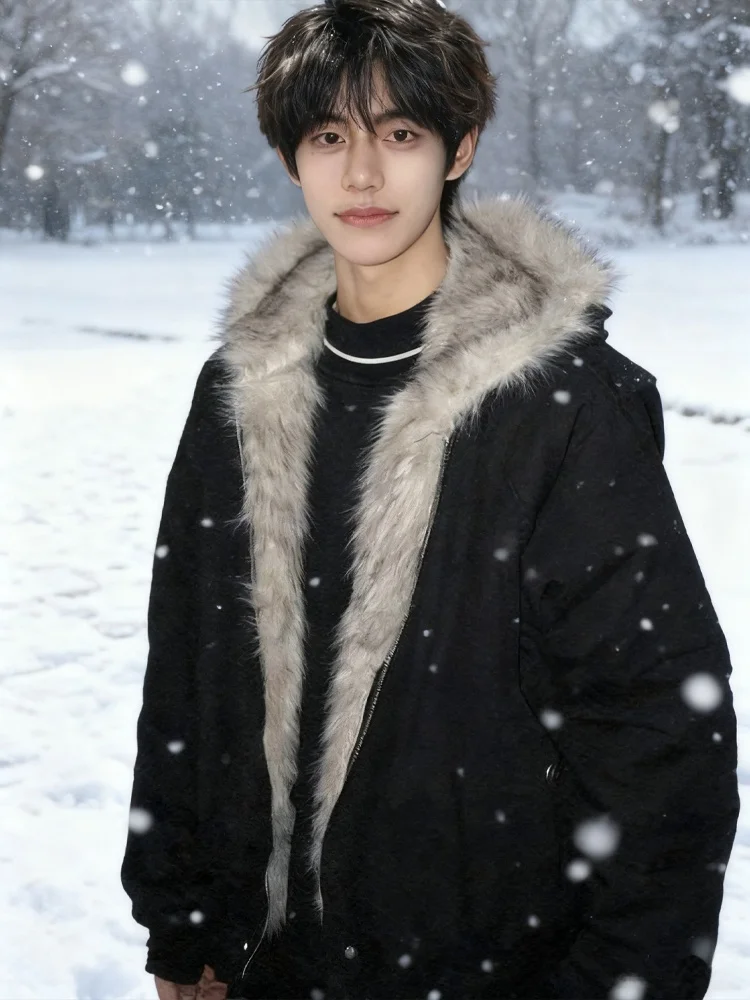 

Warmth Thiened Fce Lined ort Cotton Jaet Men's Winter Coat Cleanfit Mountain Eagle Fur Collar American Sle Youth F...