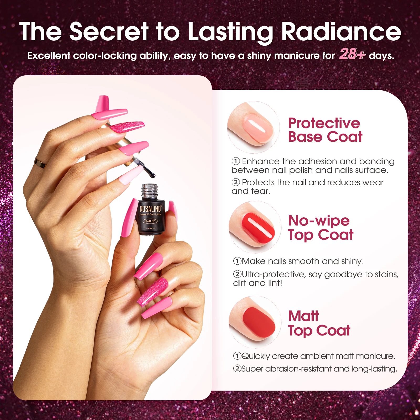 ロザリンド ネイルポリッシュ ピンクグリッター ハイブリッド ソークオフ セミパーマネント ネイルジェル UV/LEDランプ ジェルニス 20色+ベース マットトップコート
