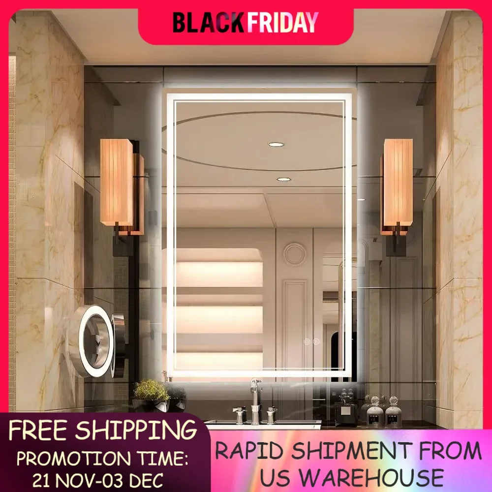 LED Bathroom Mirror 3000K-6000K Smart Wall Mounted Bathroom Vanity Mirror With Backlight + Front 3 Color Light Makeup Mirrors