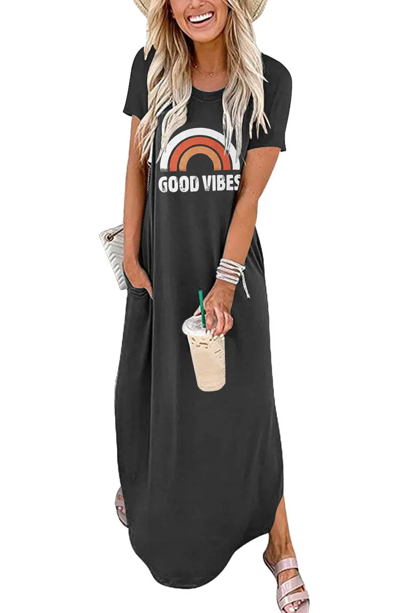 Vestido com estampa arco-íris feminino manga curta com decote em O, vestido longo casual, boas vibrações, moda verão, novo