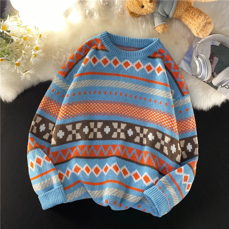 Autumn Knitted Striped Vintage Christmas Sweater Men\'s National Style Pullover Round Neck Sweaters Couples Casual Y2K Clothes