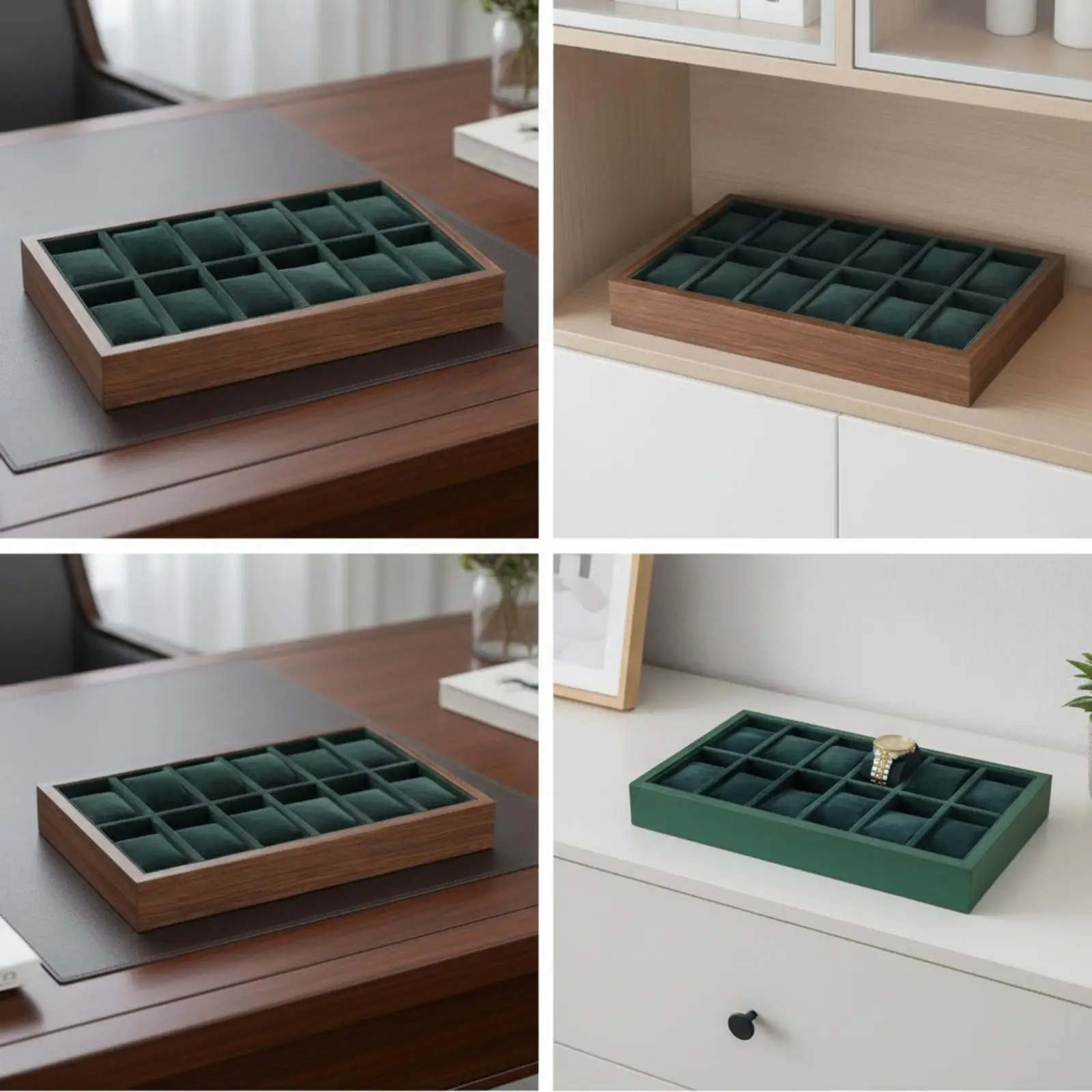 Walnut Leather Watch Display Tray with Velvet Lining for Men Women Jewelry Organizer Storage Box