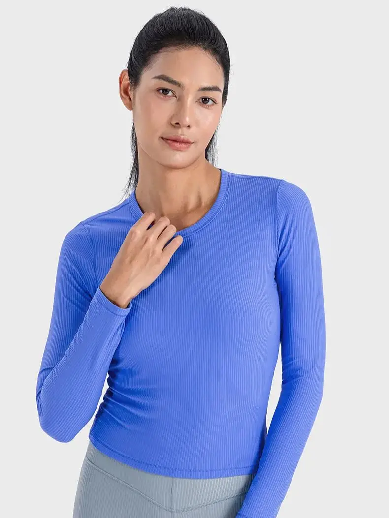 solid color Women Shirt Yoga Long Sleeve Sport Top Fitness Breathable round neck Vertical threaded waistband pleated loose fit