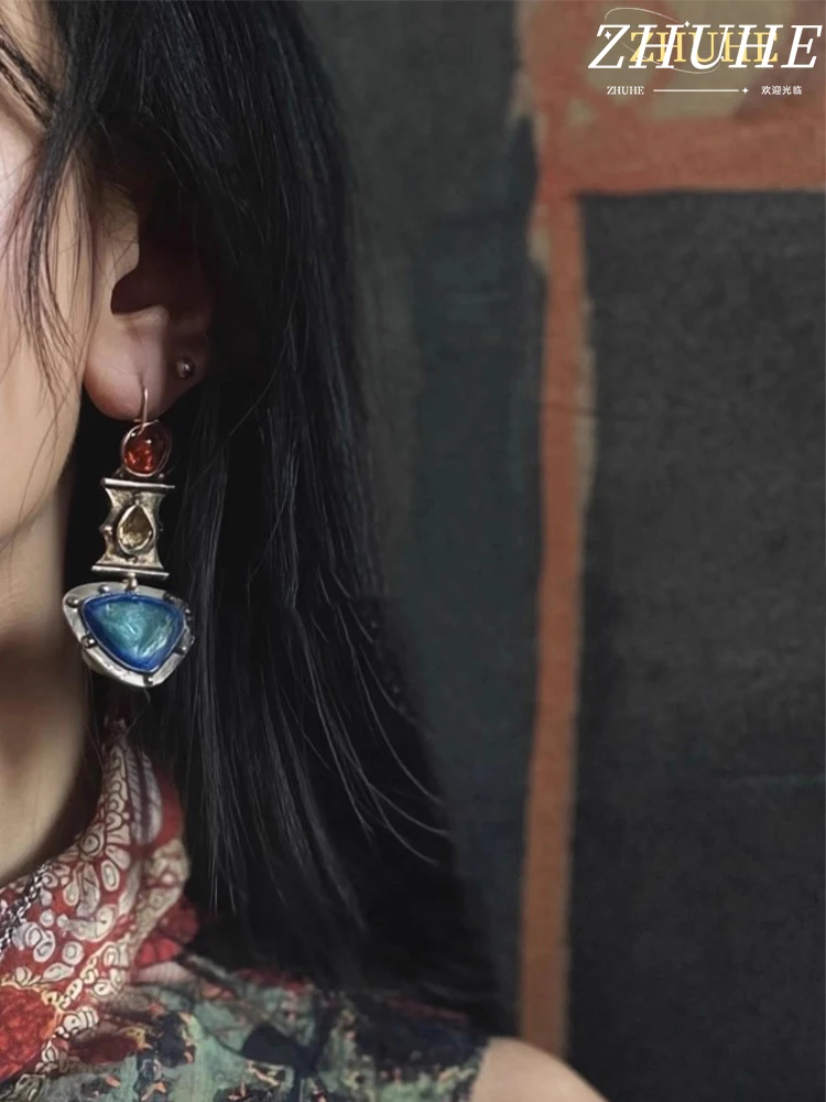 

Chinese Ethnic Style Colored Gemstone Geometric Drip Glaze Earrings, A Niche Design And Fashionable Choice For Women