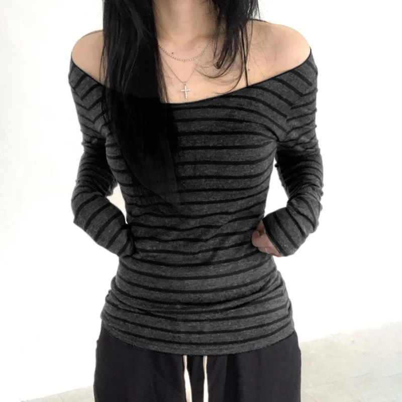 

Autumn Lazy Wind Basic Striped Contrasting Color Shoulder Top Slim Off-the-shoulder Long-sleeved T-shirt Bottoming Shirt