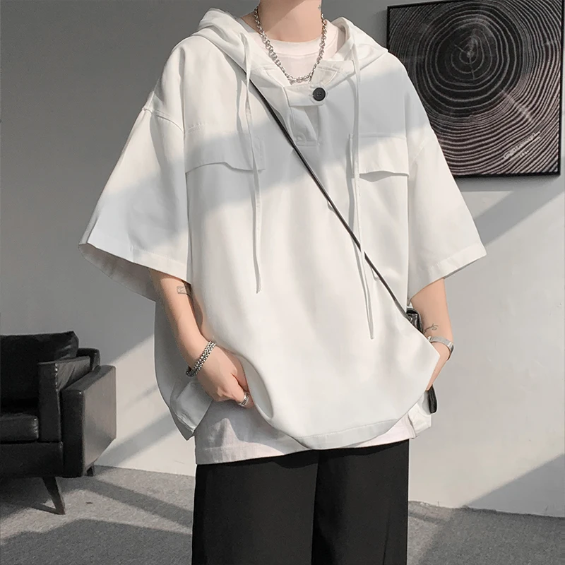 5 Colors Summer Hooded T shirt Men Korean Half Sleeve Pullover Streetwear Loose T-shirt Tops Drawstring Men Clothing