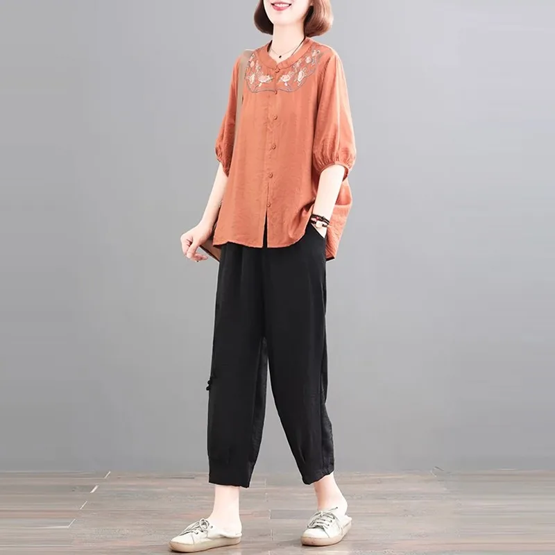 

Женский брючный костюм, повседневный комплект из двух предметов, винтажный стиль, топ с рукавом до лодыжки и брюки до щиколотки, B3777, лето 2024