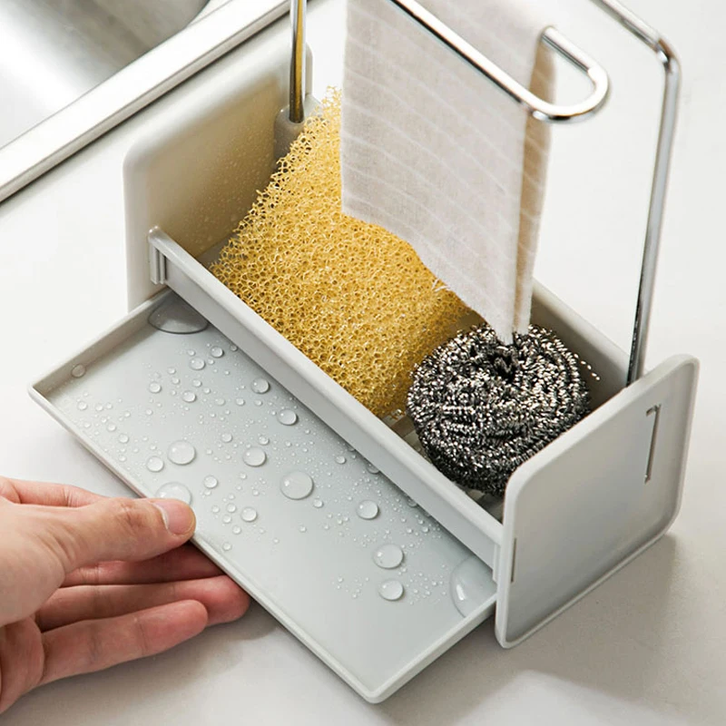 Kitchen Towel Sponge Storage Rack Kitchen Sink Cleaning Brush Soap Rag Drain Holder with Drain Multi-Function Dish Cloth Hanging